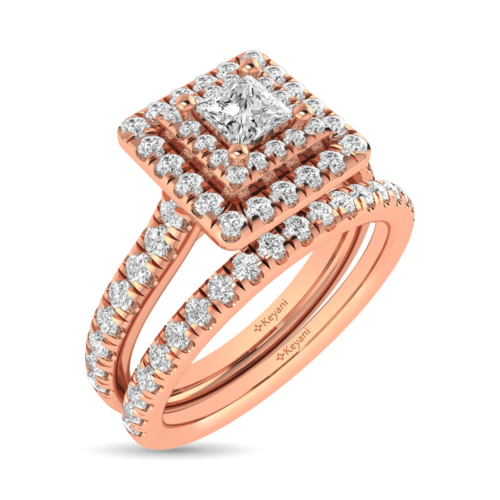 Diamond Classic Shank Double Halo Bridal Ring 1 ct tw Princess Cut in 14K Rose Gold