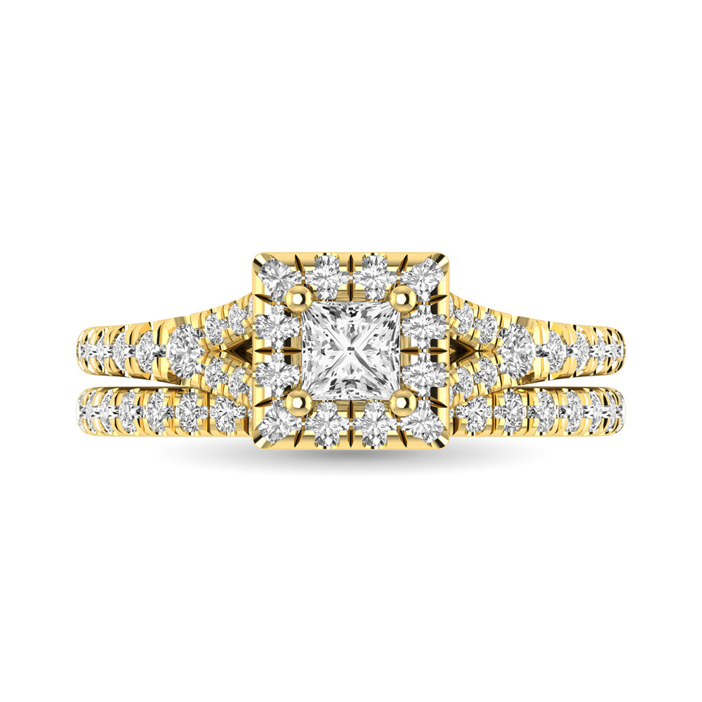 Diamond  Split Shank Single Halo Bridal Ring 1 ct tw Princess Cut in 14K Yellow Gold