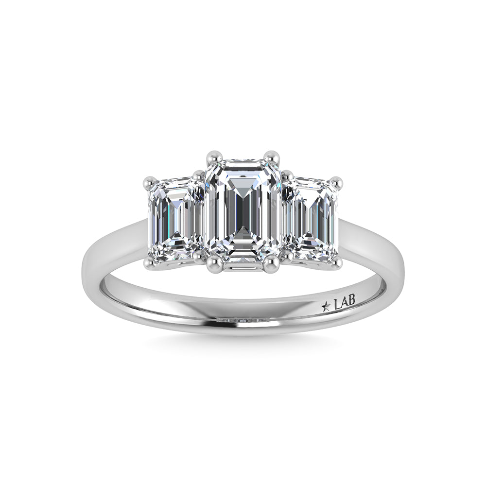 14K White Gold Lab Grown Diamond 2 Ct.Tw. Plain Shank Emerald Shape Three Stone Engagement Ring