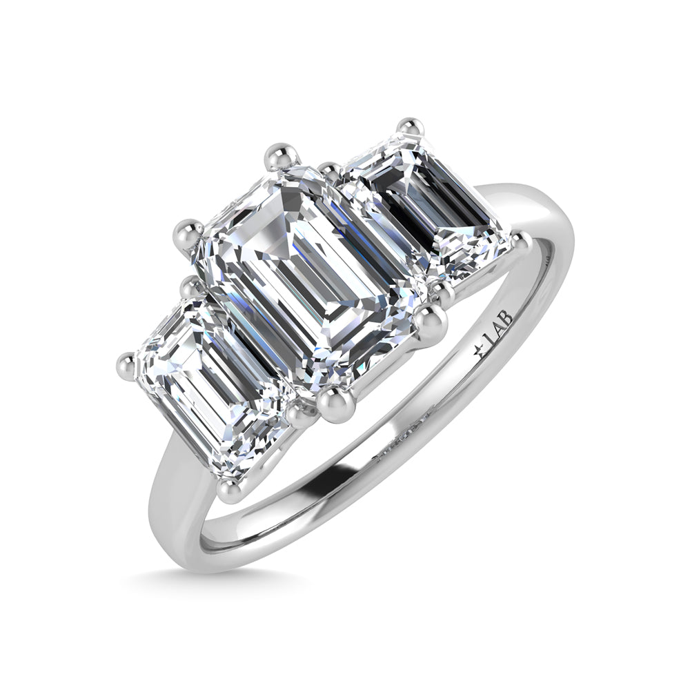 14K White Gold Lab Grown Diamond 2 Ct.Tw. Plain Shank Emerald Shape Three Stone Engagement Ring