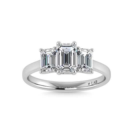 14K White Gold Lab Grown Diamond 3 Ct.Tw. Plain Shank Emerald Shape Three Stone Engagement Ring
