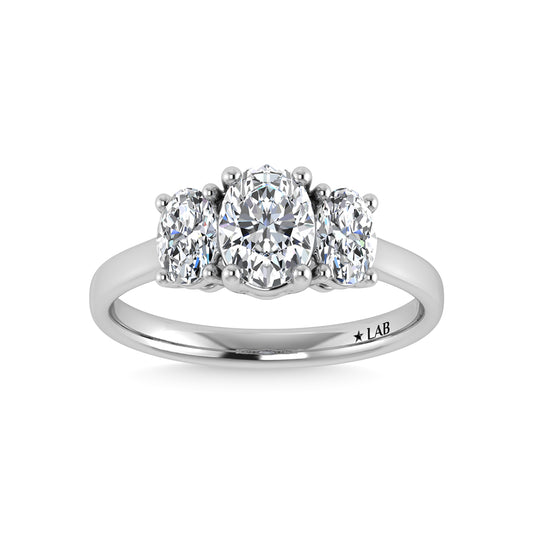 14K White Gold Lab Grown Diamond 3 Ct.Tw. Plain Shank Oval Shape Three Stone Engagement Ring