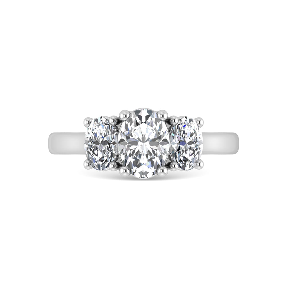 14K White Gold Lab Grown Diamond 3 Ct.Tw. Plain Shank Oval Shape Three Stone Engagement Ring