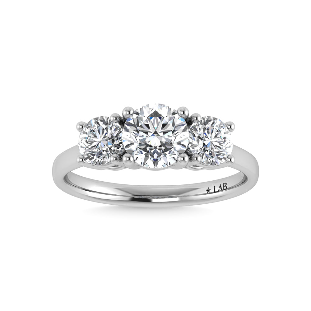 14K White Gold Lab Grown Diamond 2 Ct.Tw. Plain Shank Round Shape Three Stone Engagement Ring