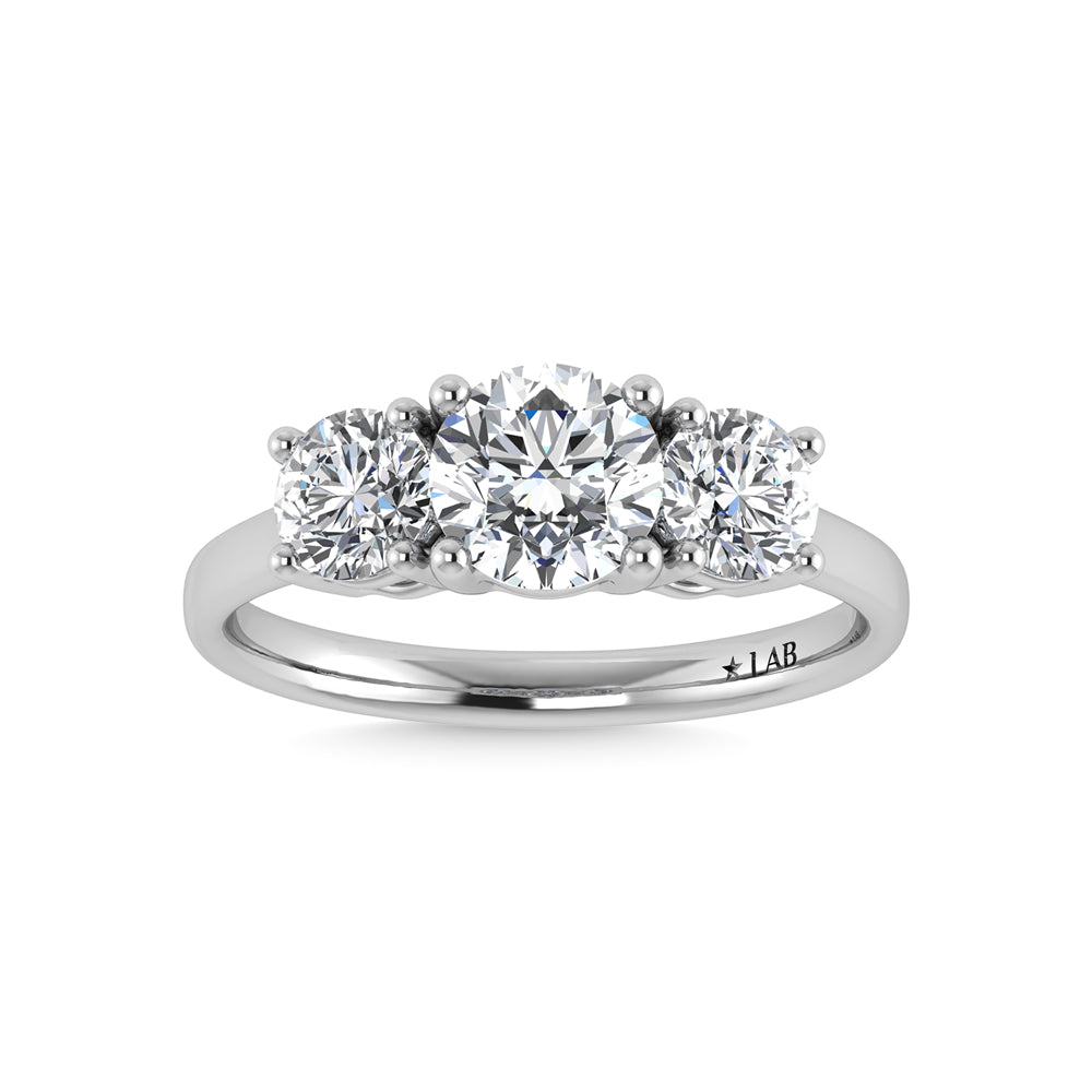 14K White Gold Lab Grown Diamond 3 Ct.Tw. Plain Shank Round Shape Three Stone Engagement Ring