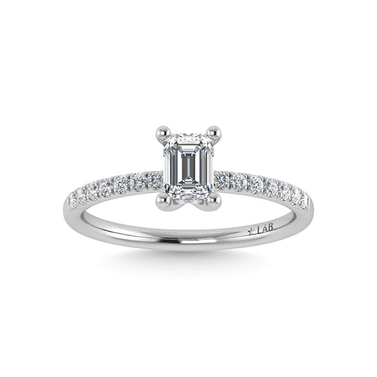 14K White Gold Lab Grown Diamond 1 1/5 Ct.Tw. Emerald Shape Hidden Halo Engagement Ring