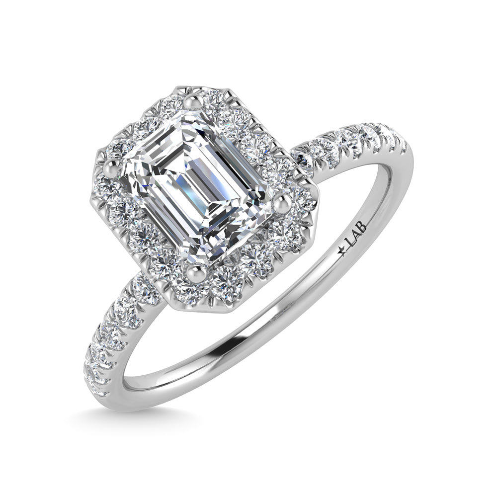 14K White Gold Lab Grown Diamond  1 1/4 Ct.Tw. Shank Emerald Shape Halo Engagement Ring
