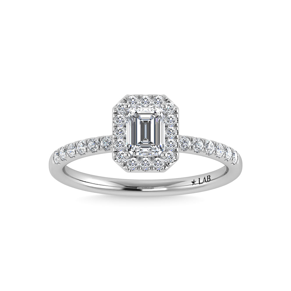 14K White Gold Lab Grown Diamond  3 1/3 Ct.Tw. Shank Emerald Shape Halo Engagement Ring