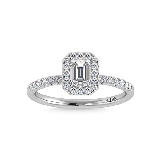 14K White Gold Lab Grown Diamond  1 Ct.Tw. Shank Emerald Shape Halo Engagement Ring