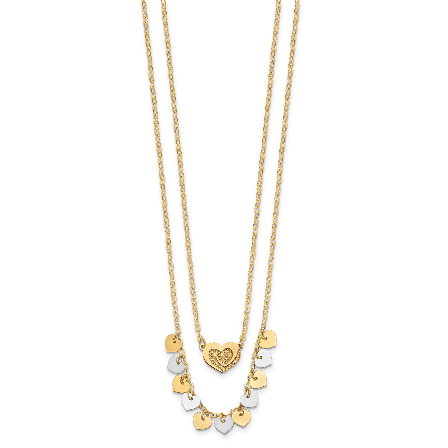 14K Two-tone Polished Double Strand with Hearts Necklace