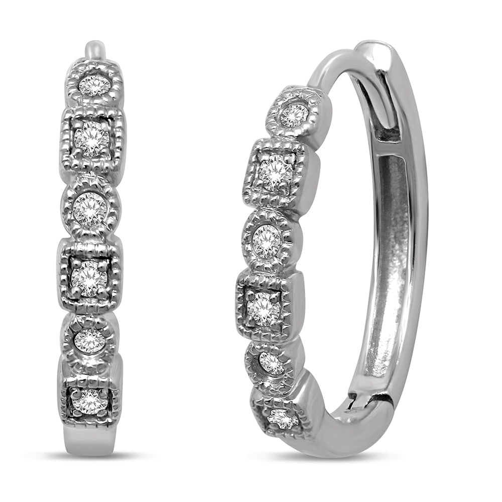 14K White Gold 1/10 Ct.Tw. Natural Diamond  Stackable Hoop Earrings