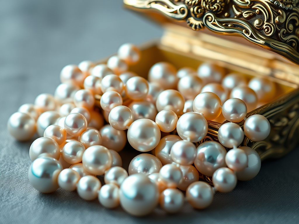 String of pearls coming out of a jewelry box. The rich history of pearls N.J. Diamonds has a GIA certified pearl grader.