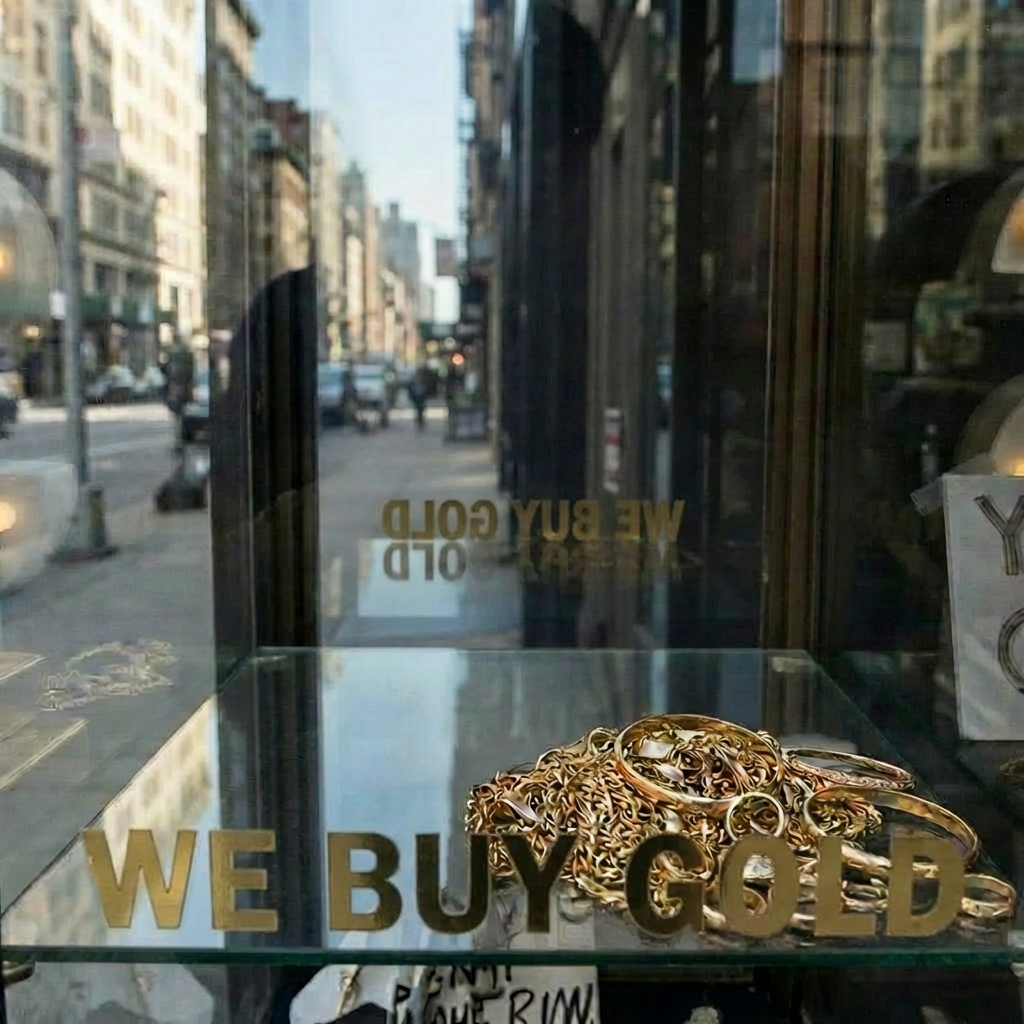 A storefront window featuring gold bars, a pile of jewelry, and a 'WE BUY GOLD' sign.